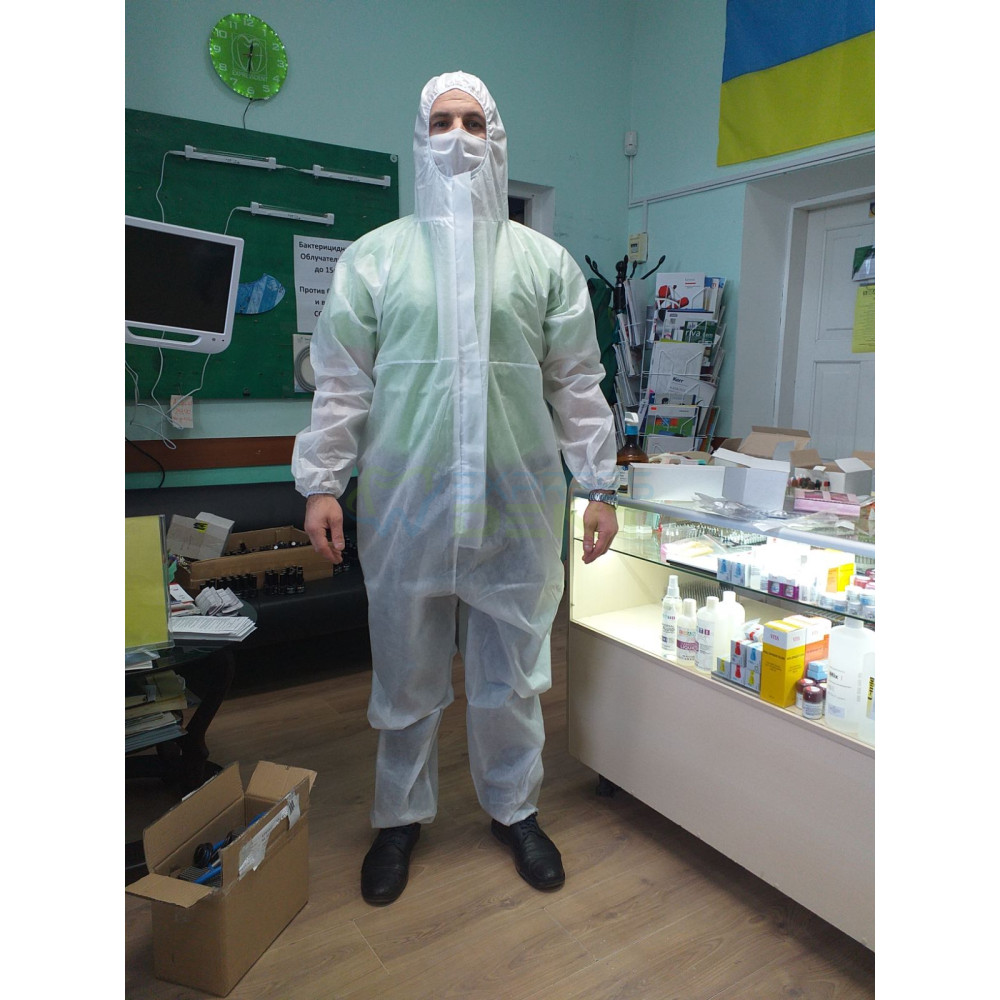 Комбінезон двошаровий на блискавці з нетканим клапаном з капюшоном на резинці, білий М, 1шт