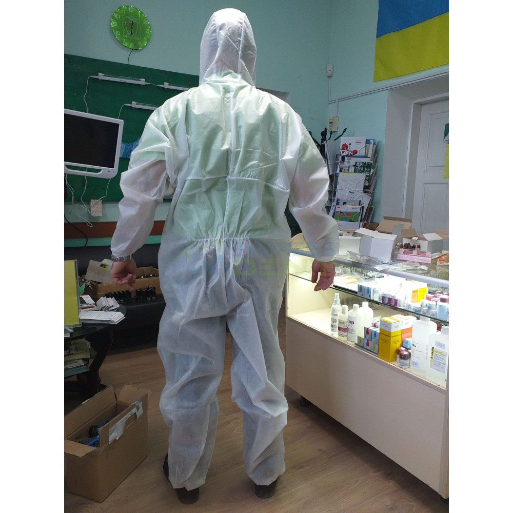 Комбінезон двошаровий на блискавці з нетканим клапаном з капюшоном на резинці, білий М, 1шт